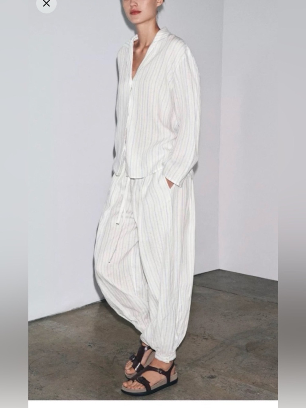 Striped Linen Pajama Shirt M  and pants Xs-s  - White with Pastel Stripes set